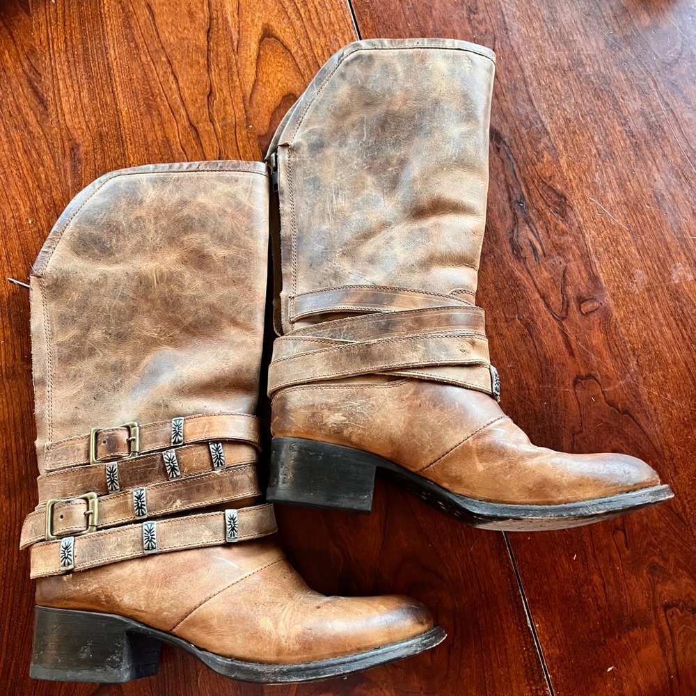 Freebird by Steven Drove Leather Buckle Moto Boots Women Size 7 Brown‎